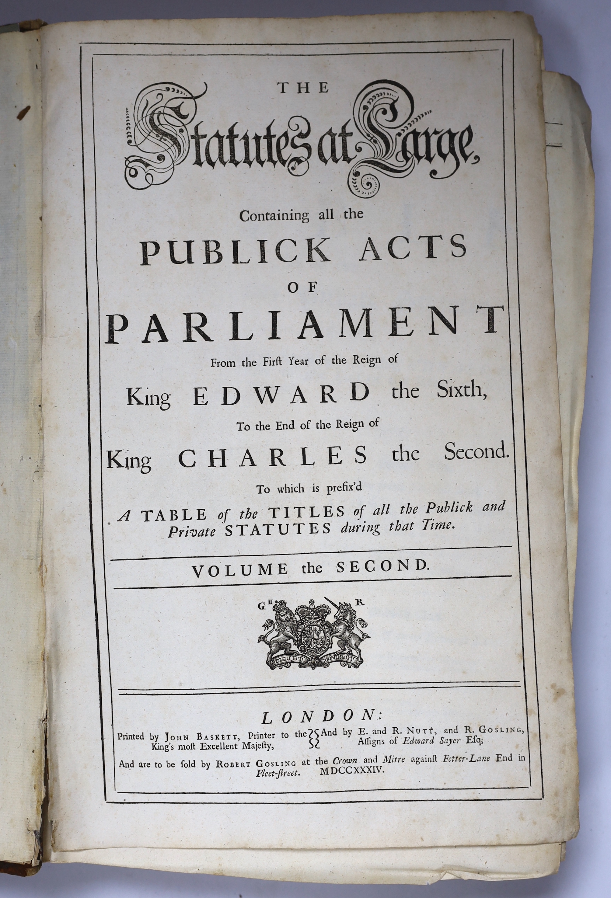 Two bound volumes Acts and Statutes 1734 (front covers detached)